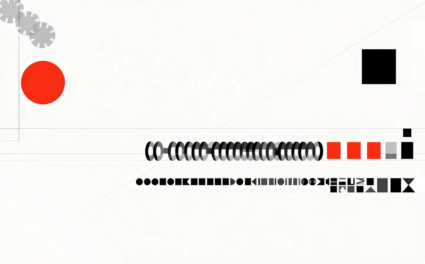 Constructivist plate of a red circle, diagonal black bar, and an abstracted peptide chain with substitution markers on cream
